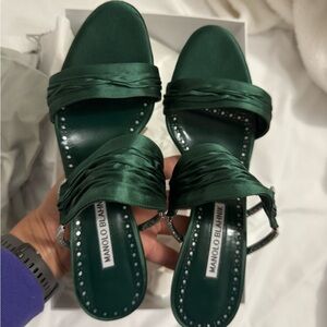 Manolo Blahnik Emerald Satin Sandals